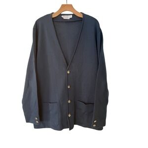 VTG Pocket Front Button Up Tight Knit Grandpa Core‎ Navy Blue Wool Cardigan L